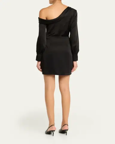 SIMKHAI Cameron One-Shoulder Wrap-Skirt Satin Mini Dress | Thumbnail 3