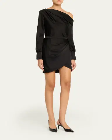 SIMKHAI Cameron One-Shoulder Wrap-Skirt Satin Mini Dress | Thumbnail 4