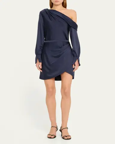 SIMKHAI Cameron One-Shoulder Wrap-Skirt Satin Mini Dress | Thumbnail 6