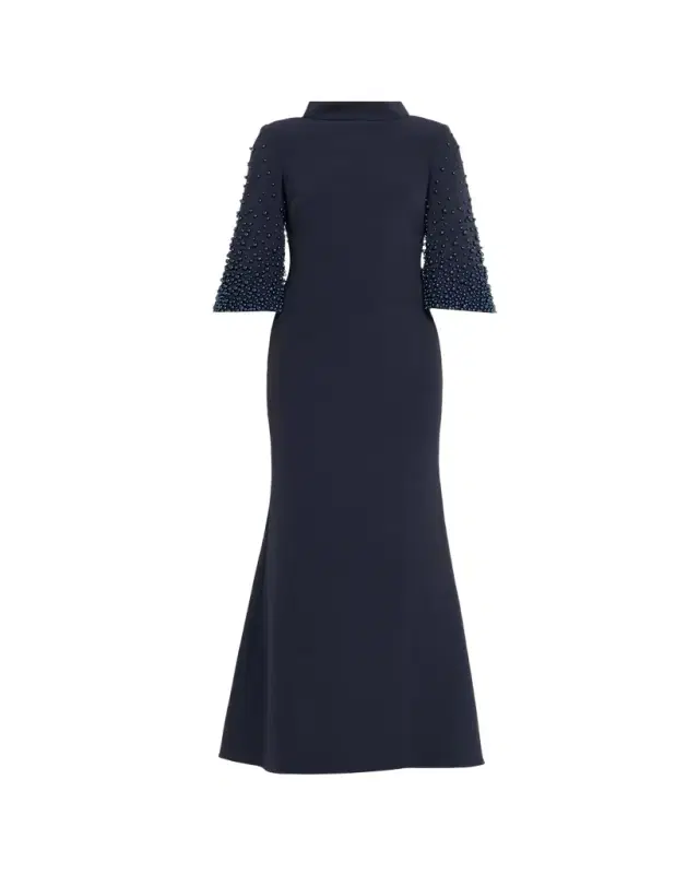 Beaded Funnel-Neck Crepe Trumpet Gown