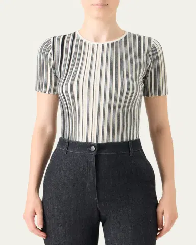 Akris punto Striped Rib Knit Short-Sleeve Sweater | Thumbnail 4