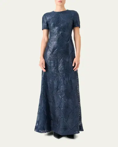 Akris Lacquered Sea Fan Lace Short-Sleeve Gown | Thumbnail 2 Akris Lacquered Sea Fan Lace Short-Sleeve Gown | Thumbnail 2