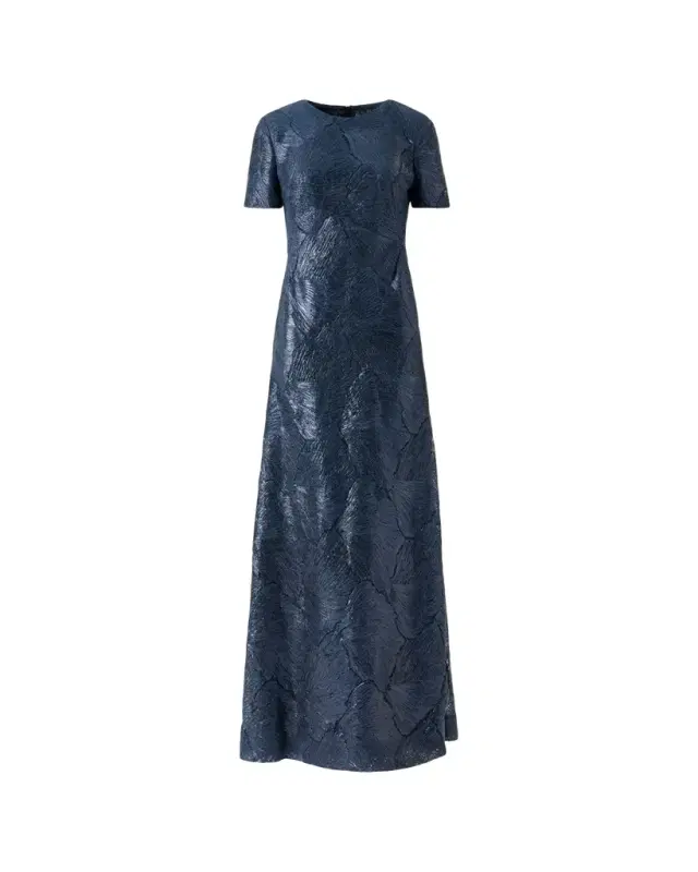 Lacquered Sea Fan Lace Short-Sleeve Gown