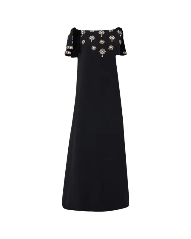 Embellished Bow-Shoulder Crepe Gown