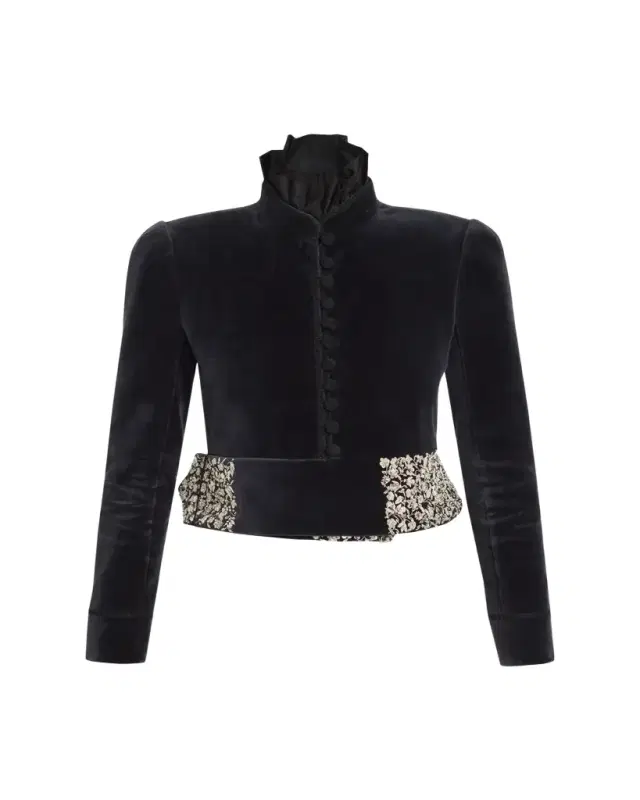 Spencer Embroidered-Belt Velvet Crop Jacket