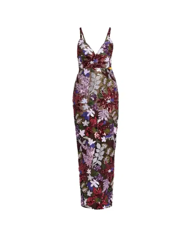 Allegra Sequin Floral-Embroidered Column Gown