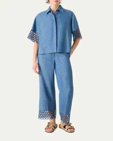 Akris punto Guipure Short-Sleeve Denim Button-Down Shirt | Thumbnail 2