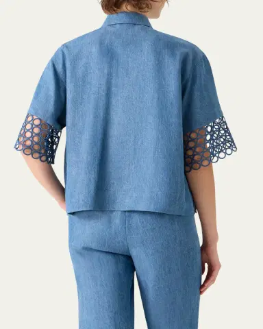 Akris punto Guipure Short-Sleeve Denim Button-Down Shirt | Thumbnail 3