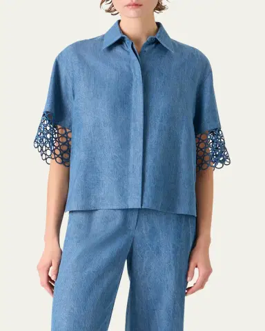 Akris punto Guipure Short-Sleeve Denim Button-Down Shirt | Thumbnail 4