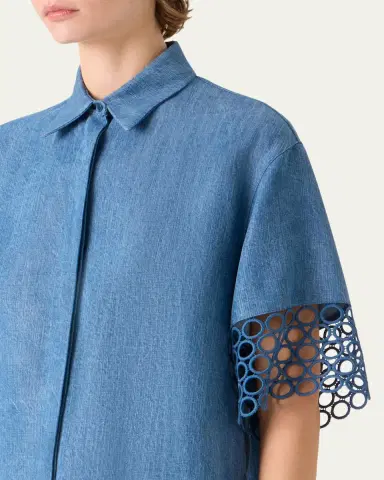 Akris punto Guipure Short-Sleeve Denim Button-Down Shirt | Thumbnail 5