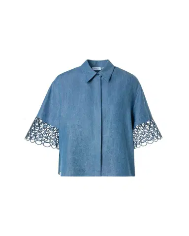 Akris punto Guipure Short-Sleeve Denim Button-Down Shirt | Thumbnail 1