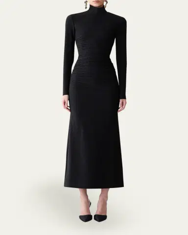 Carolina Herrera Ruched Shimmer-Knit Turtleneck Midi Dress | Thumbnail 2