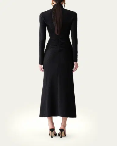 Carolina Herrera Ruched Shimmer-Knit Turtleneck Midi Dress | Thumbnail 3