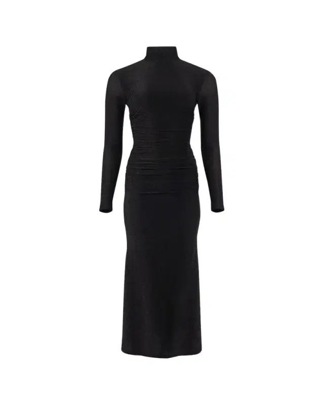 Carolina Herrera Ruched Shimmer-Knit Turtleneck Midi Dress