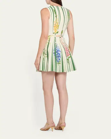 Oscar de la Renta Sleeveless Pleated Tromp L'Oeil Foxgloves Mini Dress With Belt | Thumbnail 3 Oscar de la Renta Sleeveless Pleated Tromp L'Oeil Foxgloves Mini Dress With Belt | Thumbnail 3