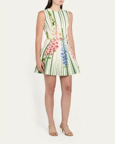 Oscar de la Renta Sleeveless Pleated Tromp L'Oeil Foxgloves Mini Dress With Belt | Thumbnail 4 Oscar de la Renta Sleeveless Pleated Tromp L'Oeil Foxgloves Mini Dress With Belt | Thumbnail 4
