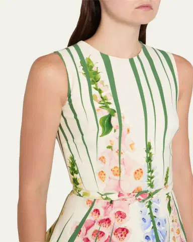 Oscar de la Renta Sleeveless Pleated Tromp L'Oeil Foxgloves Mini Dress With Belt | Thumbnail 5 Oscar de la Renta Sleeveless Pleated Tromp L'Oeil Foxgloves Mini Dress With Belt | Thumbnail 5