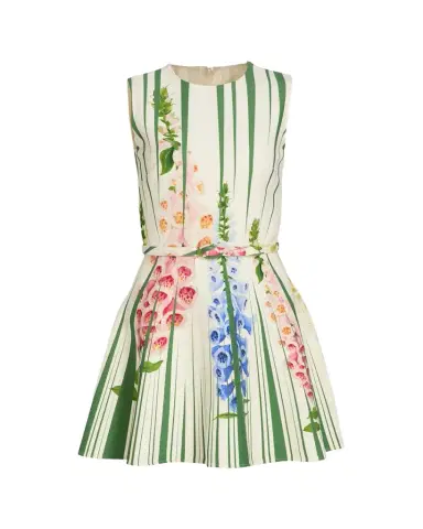 Oscar de la Renta Sleeveless Pleated Tromp L'Oeil Foxgloves Mini Dress With Belt | Thumbnail 1 Oscar de la Renta Sleeveless Pleated Tromp L'Oeil Foxgloves Mini Dress With Belt | Thumbnail 1
