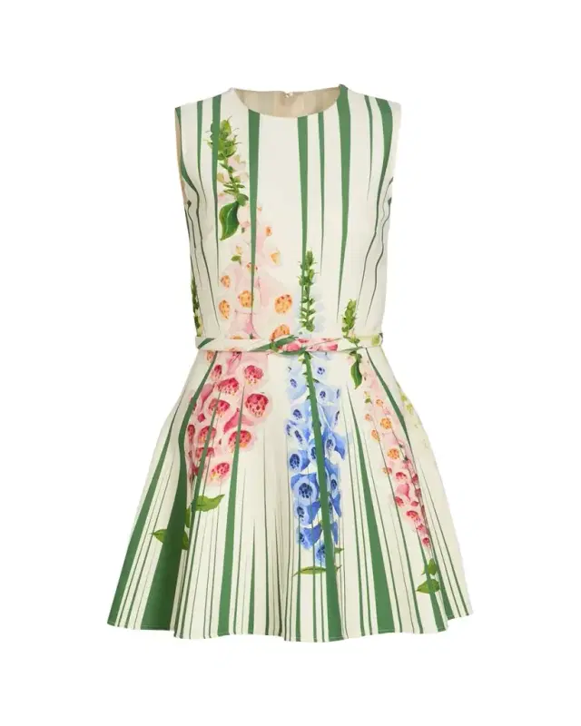 Sleeveless Pleated Tromp L'Oeil Foxgloves Mini Dress With Belt