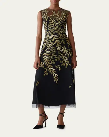 Carolina Herrera Gold Leaf-Embroidered Tulle Sleeveless Midi Dress | Thumbnail 2 Carolina Herrera Gold Leaf-Embroidered Tulle Sleeveless Midi Dress | Thumbnail 2
