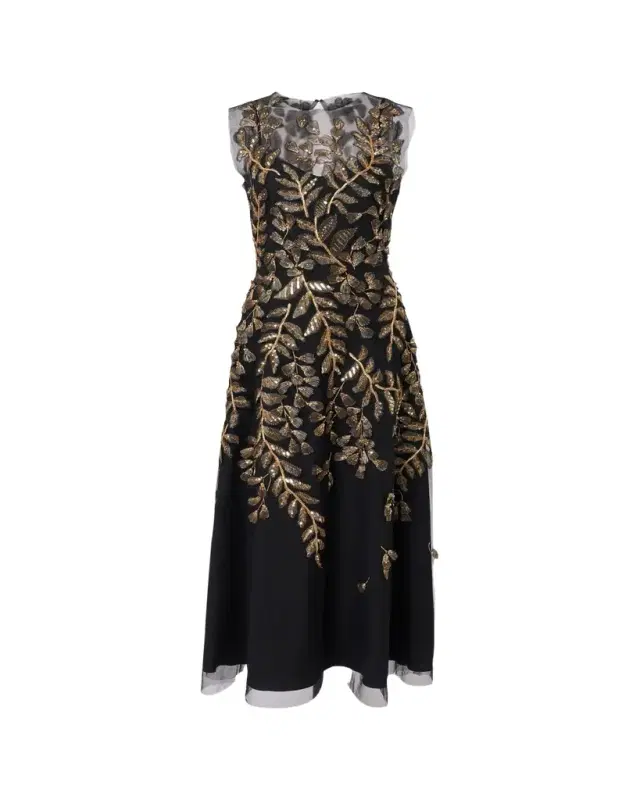 Carolina Herrera Gold Leaf-Embroidered Tulle Sleeveless Midi Dress