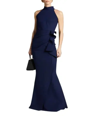 Chiara Boni La Petite Robe Side Ruched Halter Gown with Asymmetric Ruffle | Thumbnail 1 Chiara Boni La Petite Robe Side Ruched Halter Gown with Asymmetric Ruffle | Thumbnail 1