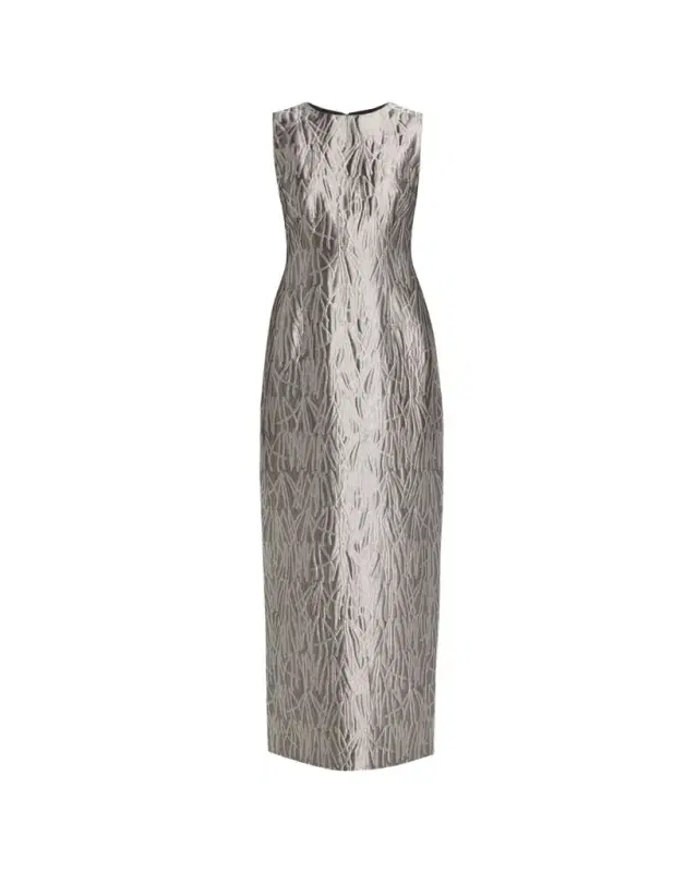 Sleeveless Metallic Jacquard Column Gown
