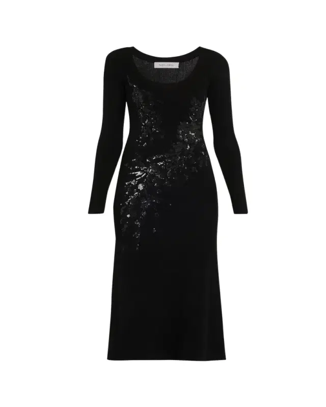 Prabal Gurung Sequin Floral-Embroidered Rib Knit Midi Dress