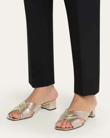 Prada 35mm Triangle Logo Metallic Leather Mule Sandals | Thumbnail 2