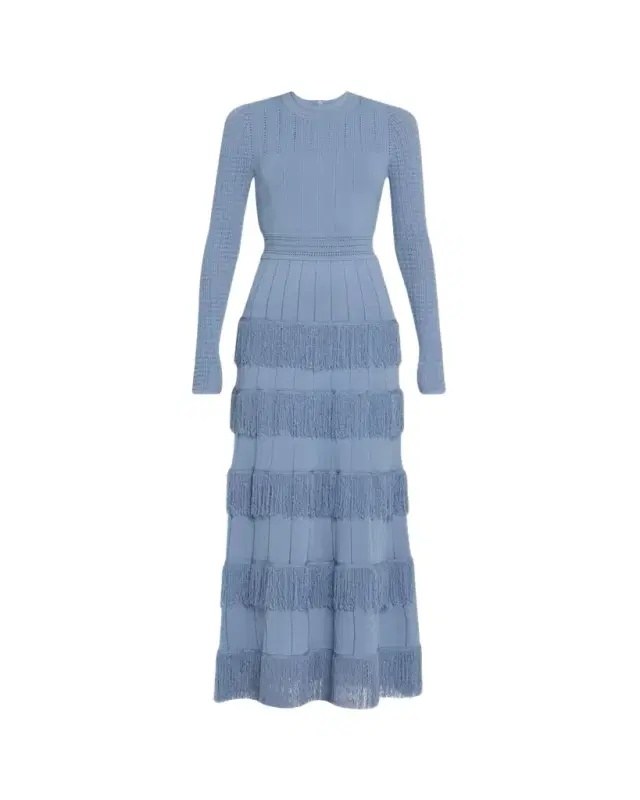 Lela Rose Tiered Fringe Long-Sleeve Maxi Dress