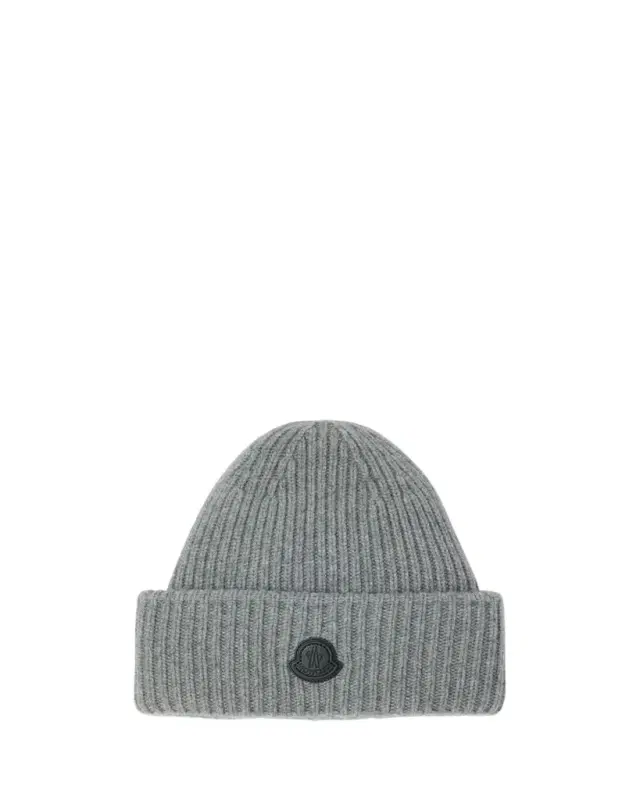Moncler Men's Cashmere Rib Leather-Logo Beanie Hat