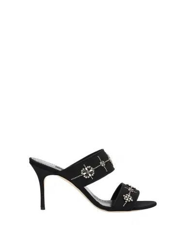 Manolo Blahnik 90mm Ralota Embellished Satin Mule Sandals | Thumbnail 1 Manolo Blahnik 90mm Ralota Embellished Satin Mule Sandals | Thumbnail 1