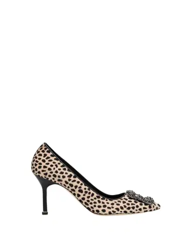 Manolo Blahnik 90mm Hangisi Calf Hair Pumps with Crystal Buckle | Thumbnail 1 Manolo Blahnik 90mm Hangisi Calf Hair Pumps with Crystal Buckle | Thumbnail 1