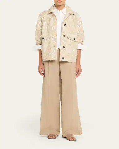 Brunello Cucinelli Embroidered Techno Cotton Poplin Deconstructed Shacket | Thumbnail 2