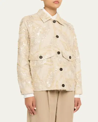 Brunello Cucinelli Embroidered Techno Cotton Poplin Deconstructed Shacket | Thumbnail 4