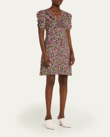 Burberry Jade Floral-Print Silk Ruched Short-Sleeve Mini Dress | Thumbnail 4 Burberry Jade Floral-Print Silk Ruched Short-Sleeve Mini Dress | Thumbnail 4