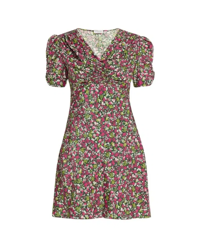 Burberry Jade Floral-Print Silk Ruched Short-Sleeve Mini Dress