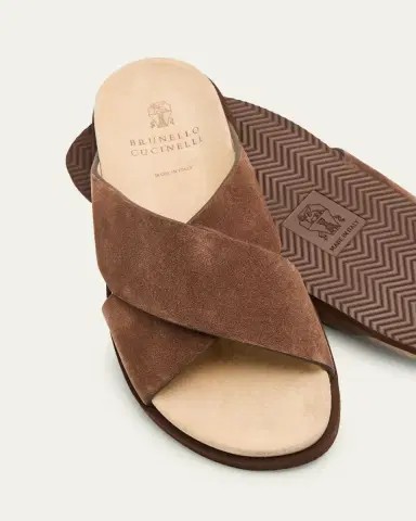 Brunello Cucinelli Men's Cross-Strap Suede Slides | Thumbnail 3