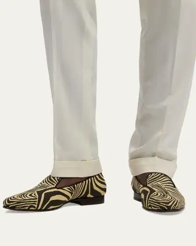 Ralph Lauren Purple Label Men's Alonzo Zebra Print Linen Slippers | Thumbnail 2 Ralph Lauren Purple Label Men's Alonzo Zebra Print Linen Slippers | Thumbnail 2