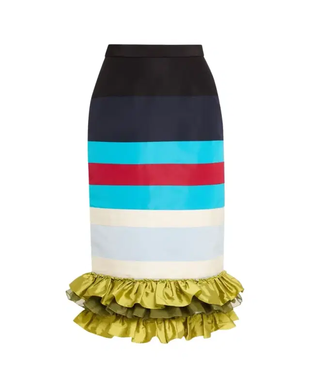 Striped Embroidered Ruffle-Hem Midi Skirt