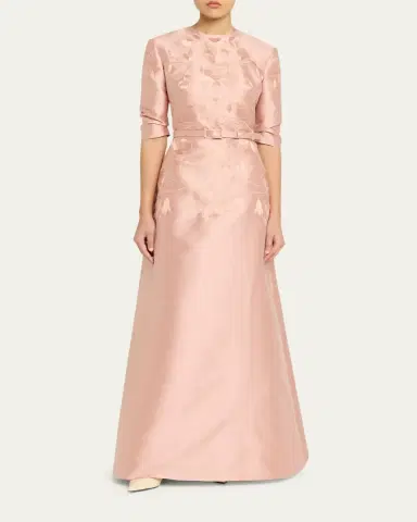 Reem Acra Embroidered Mikado Silk 3/4-Sleeve Gown With Belt | Thumbnail 2 Reem Acra Embroidered Mikado Silk 3/4-Sleeve Gown With Belt | Thumbnail 2