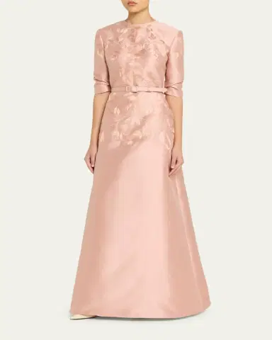 Reem Acra Embroidered Mikado Silk 3/4-Sleeve Gown With Belt | Thumbnail 4 Reem Acra Embroidered Mikado Silk 3/4-Sleeve Gown With Belt | Thumbnail 4