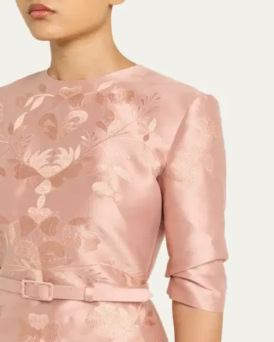 Reem Acra Embroidered Mikado Silk 3/4-Sleeve Gown With Belt | Thumbnail 5 Reem Acra Embroidered Mikado Silk 3/4-Sleeve Gown With Belt | Thumbnail 5