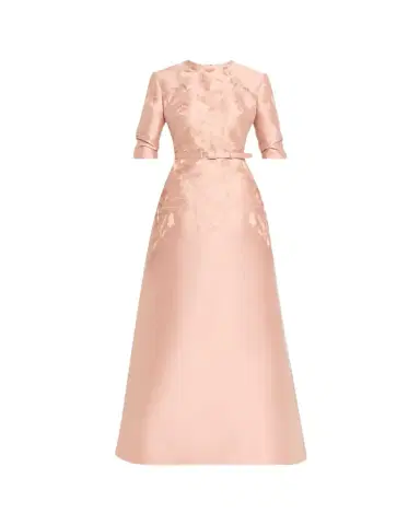 Reem Acra Embroidered Mikado Silk 3/4-Sleeve Gown With Belt | Thumbnail 1 Reem Acra Embroidered Mikado Silk 3/4-Sleeve Gown With Belt | Thumbnail 1