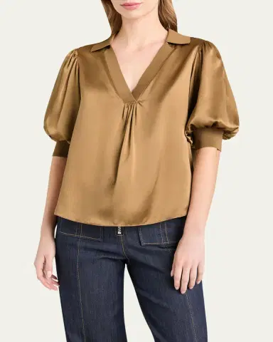 Cinq à Sept Weldon Collared V-Neck Short-Sleeve Silk Combo Top | Thumbnail 7 Cinq à Sept Weldon Collared V-Neck Short-Sleeve Silk Combo Top | Thumbnail 7