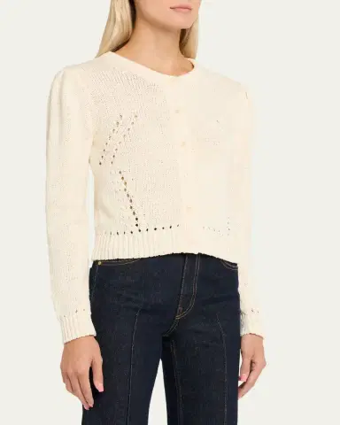 Ulla Johnson Delphina Pointelle Knit Puff-Sleeve Crewneck Cardigan | Thumbnail 4 Ulla Johnson Delphina Pointelle Knit Puff-Sleeve Crewneck Cardigan | Thumbnail 4