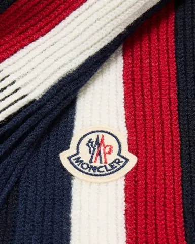 Moncler Men's Wool Tricolor Stripe Fringe Scarf | Thumbnail 4 Moncler Men's Wool Tricolor Stripe Fringe Scarf | Thumbnail 4
