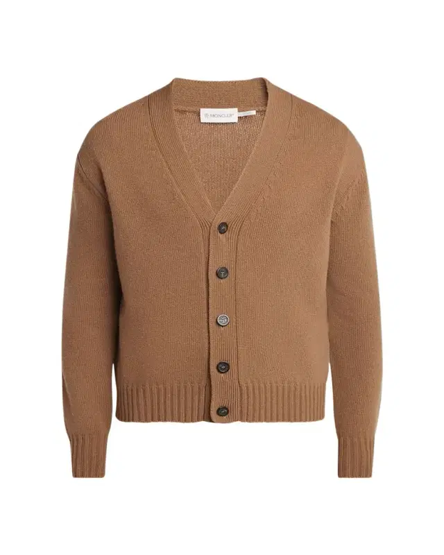 Moncler Men's Leather Logo Wool Knit Cardigan