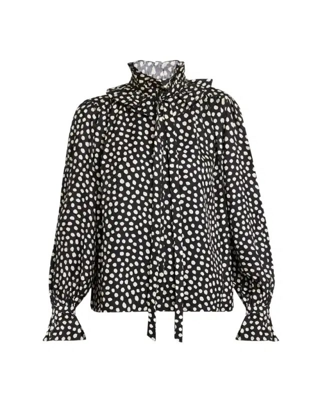 Chloe Dots-Print Silk Jacquard Ruffle Blouse