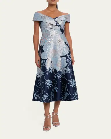 Rickie Freeman for Teri Jon Off-Shoulder Metallic Jacquard Midi Dress | Thumbnail 2